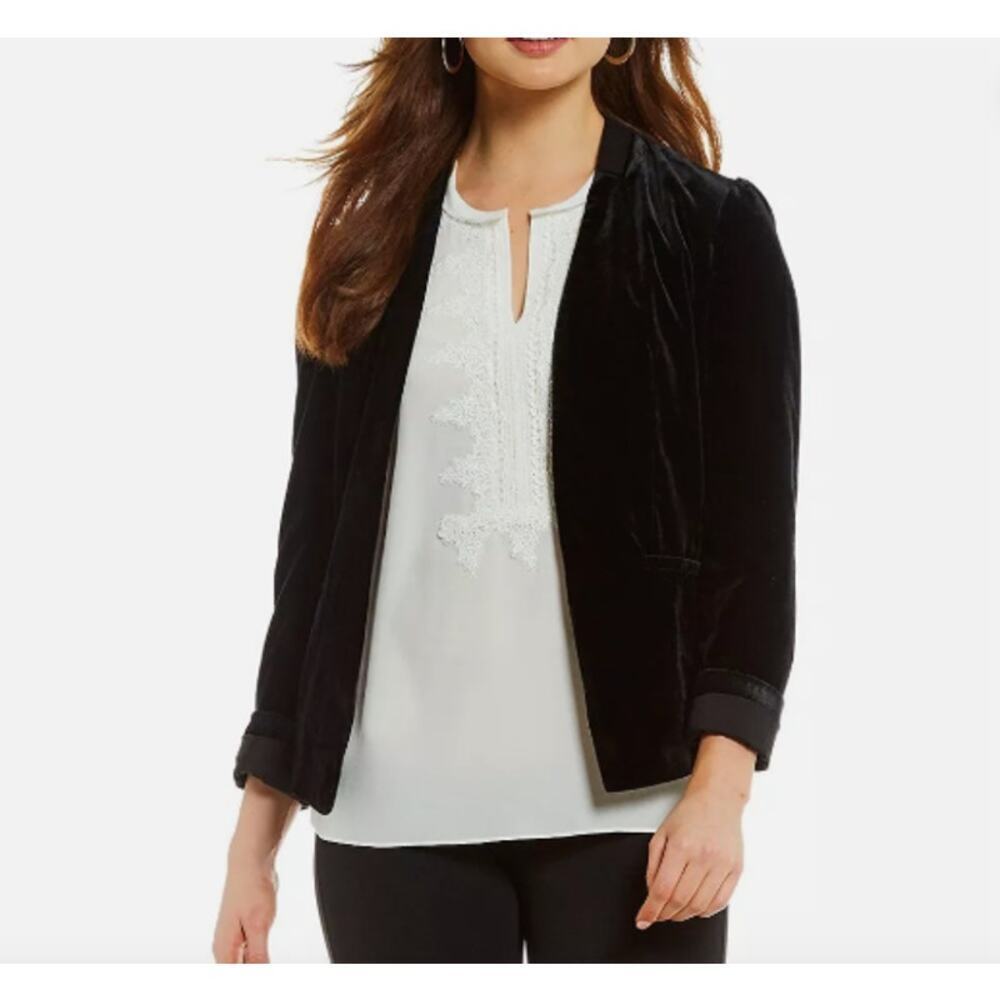Mika Mindel Open Front Embroidered Velvet Jacket‎ Womens Size L Black